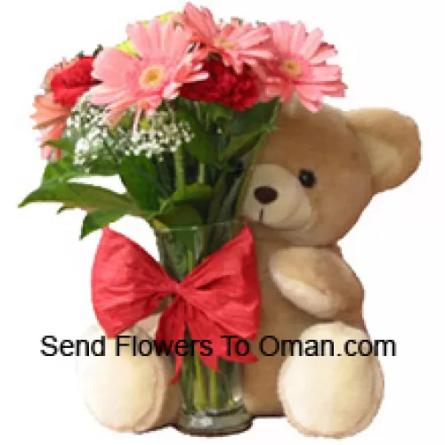 12朵红康乃馨和粉色非洲菊，放在玻璃花瓶里，配以蝴蝶结装饰，陪伴着一只可爱的泰迪熊
