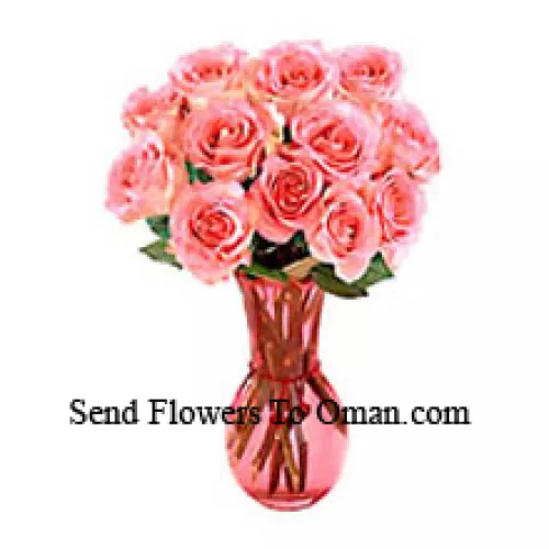 12 Rosas Cor-de-Rosa em um Vaso de Vidro