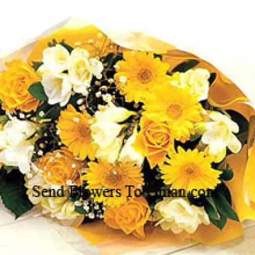 一束6朵黄色雏菊和6朵黄玫瑰