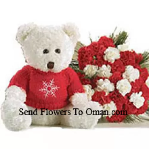 一束24朵红色和白色康乃馨，配有一个中等大小的可爱泰迪熊