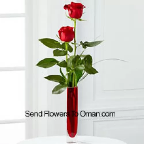 Две красные розы в красной пробирке (Мы оставляем за собой право заменить вазу в случае отсутствия. Ограниченный запас)