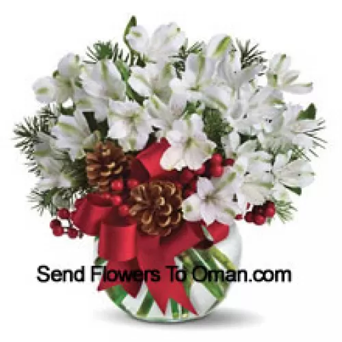 Condividi la magia di un Natale bianco con questo allegro bouquet di fiori bianchi di alstroemeria, disposti in un vaso con decorazioni festose. (Si prega di notare che ci riserviamo il diritto di sostituire qualsiasi prodotto con un prodotto idoneo di uguale valore in caso di non disponibilità di un certo prodotto)