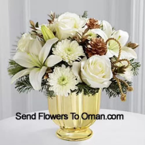 A highly sophisticated expression of the season's most dazzling moments. Snowy white roses, Asiatic lilies and chrysanthemums shed their light and beauty arranged amongst myrtle stems and assorted holiday greens. Accented by gold pinecones and gold cording and placed in a gold pedestal vase, this bouquet creates a wonderful wish for a truly wondrous holiday season. (Please Note That We Reserve The Right To Substitute Any Product With A Suitable Product Of Equal Value In Case Of Non-Availability Of A Certain Product)